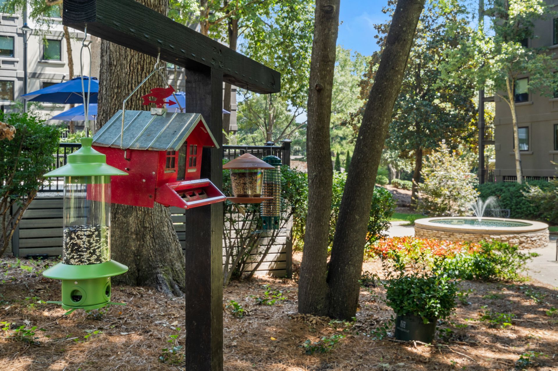 Bird feeders hanging from a post in one of the gardens at Clairmont Crest senior living apartments in Decatur, GA.