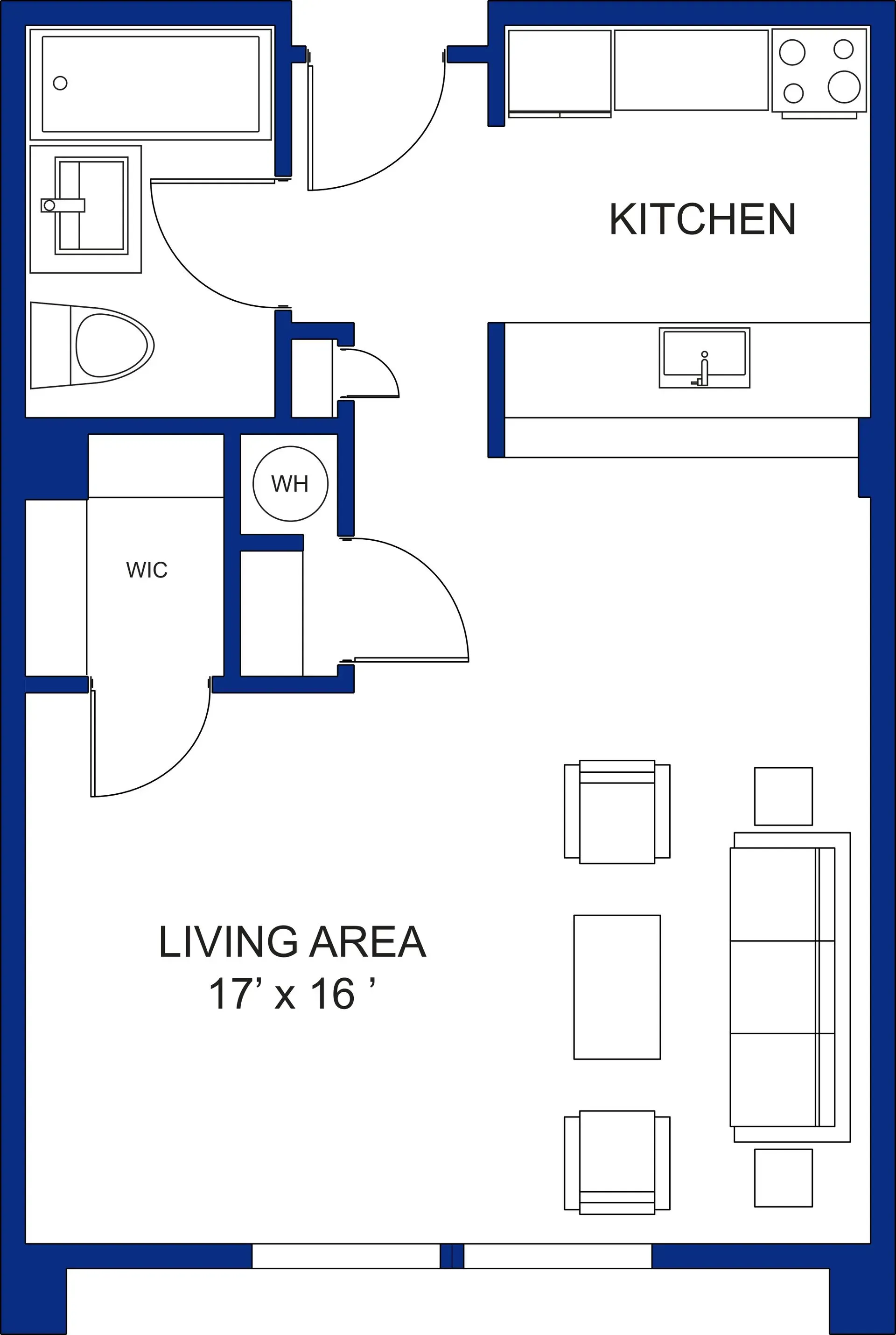 Andover studio floor plan layout at Clairmont Crest senior living apartments in Decatur, GA.