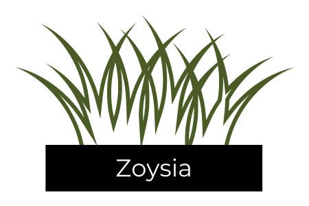 A dark green illustration of a grass clump sitting on a black rectangular label with the white text