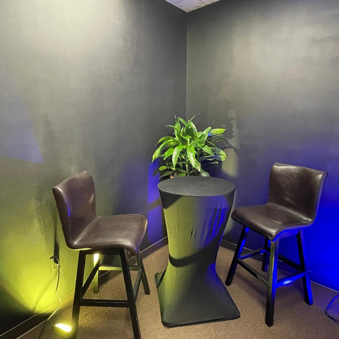 A room with two chairs and a table with a plant on it