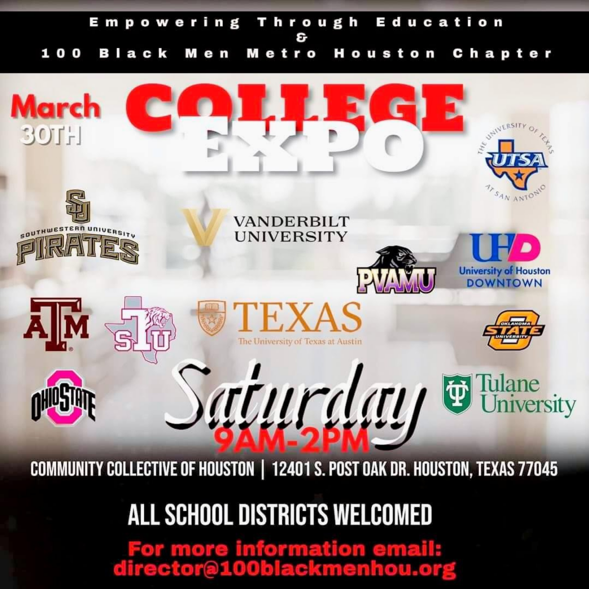 A poster for a college expo on saturday march 30th