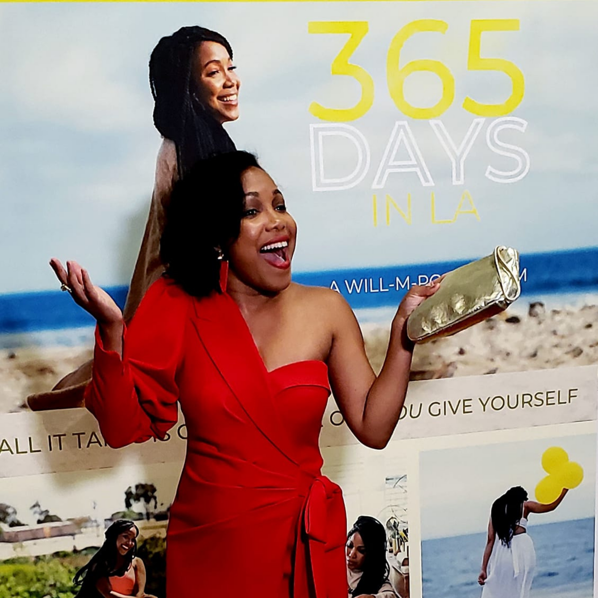 A woman in a red dress stands in front of a poster that says 365 days in la