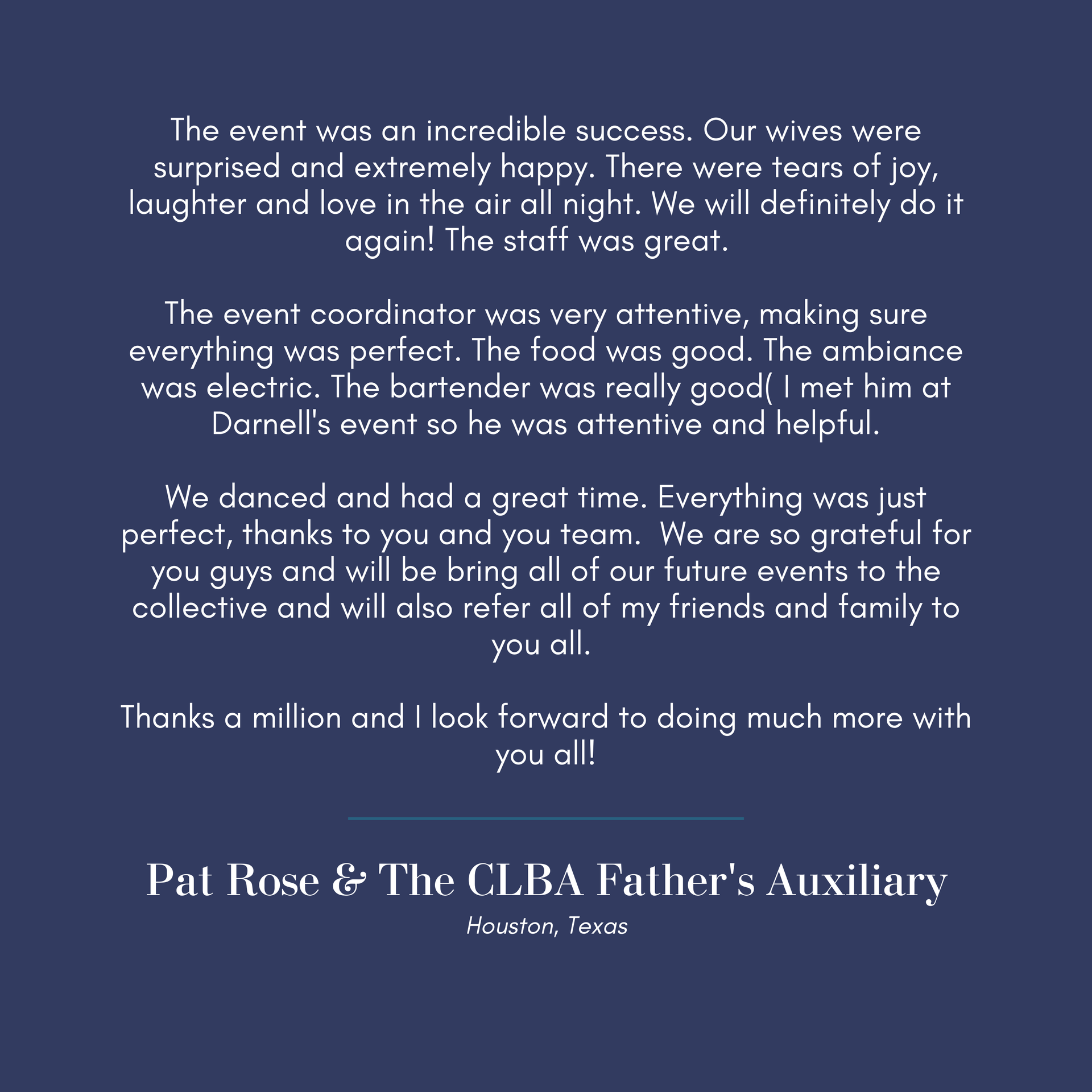 A blue background with Pat Rose & the CLBA Father's Auxiliary's review on it
