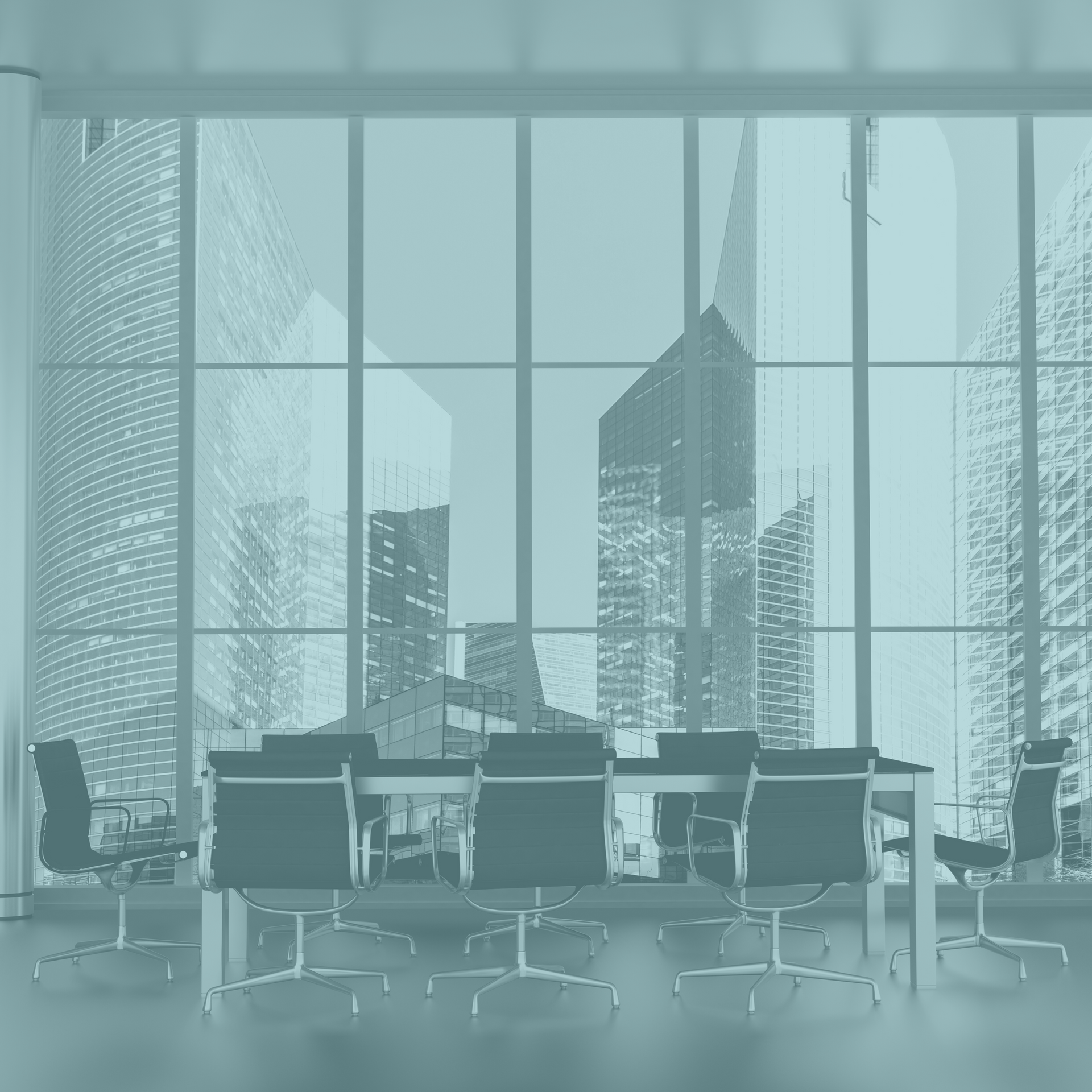 A conference room with tables and chairs and a view of the city.