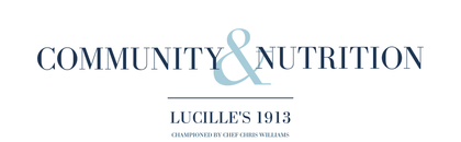 Logo for Community & Nutrition, Lucille's 1913. Dark blue text, pale blue 