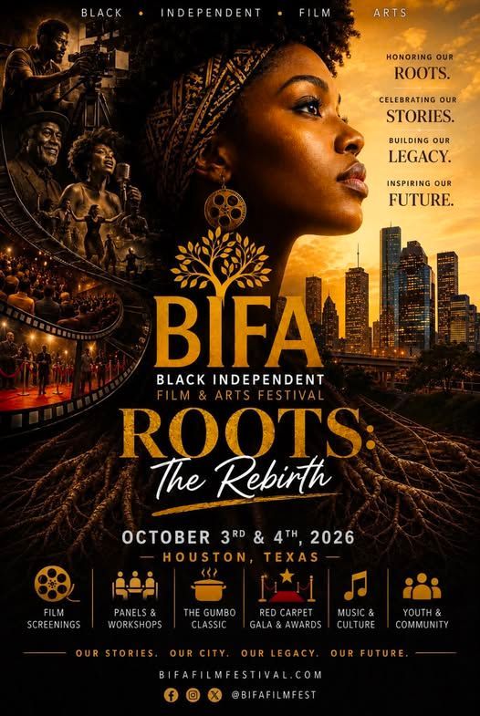 BIFA Roots The Rebirth event poster with gold profile portrait, city skyline, and October 2026 Houston details