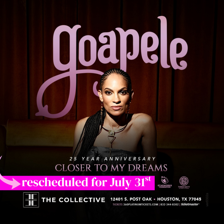 Goapele concert poster with pink title, dark stage backdrop, and “Closer to My Dreams” tour details