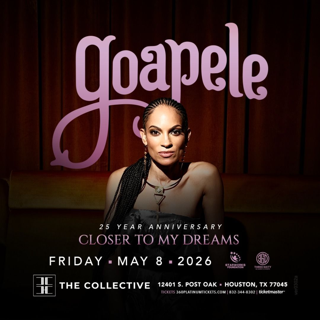 Goapele concert poster with portrait, maroon curtain background, and “Closer to My Dreams” anniversary show details