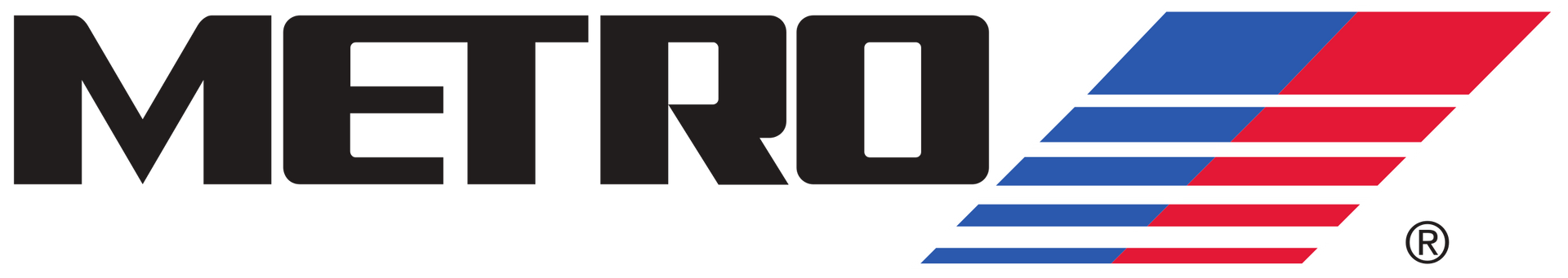 A metro logo with red , white and blue stripes