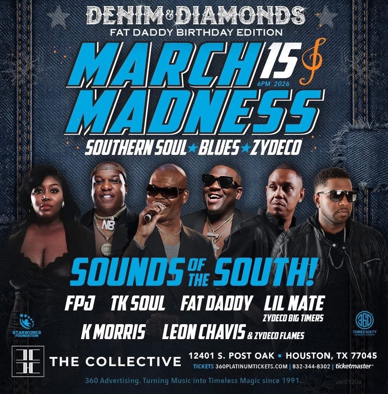March 15 & Madness concert poster with performers, blue title text, and Houston venue details