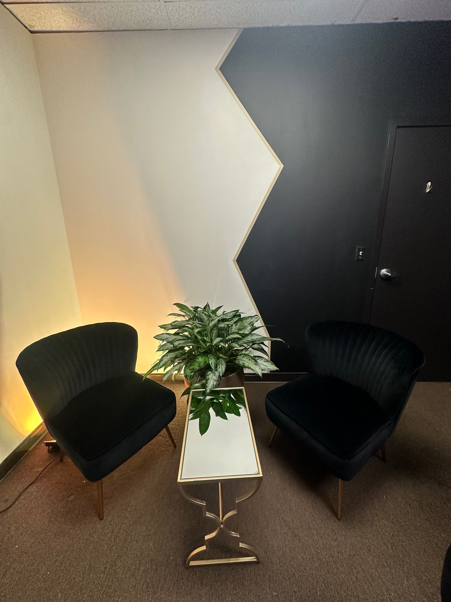 A room with two chairs and a table with a plant on it.
