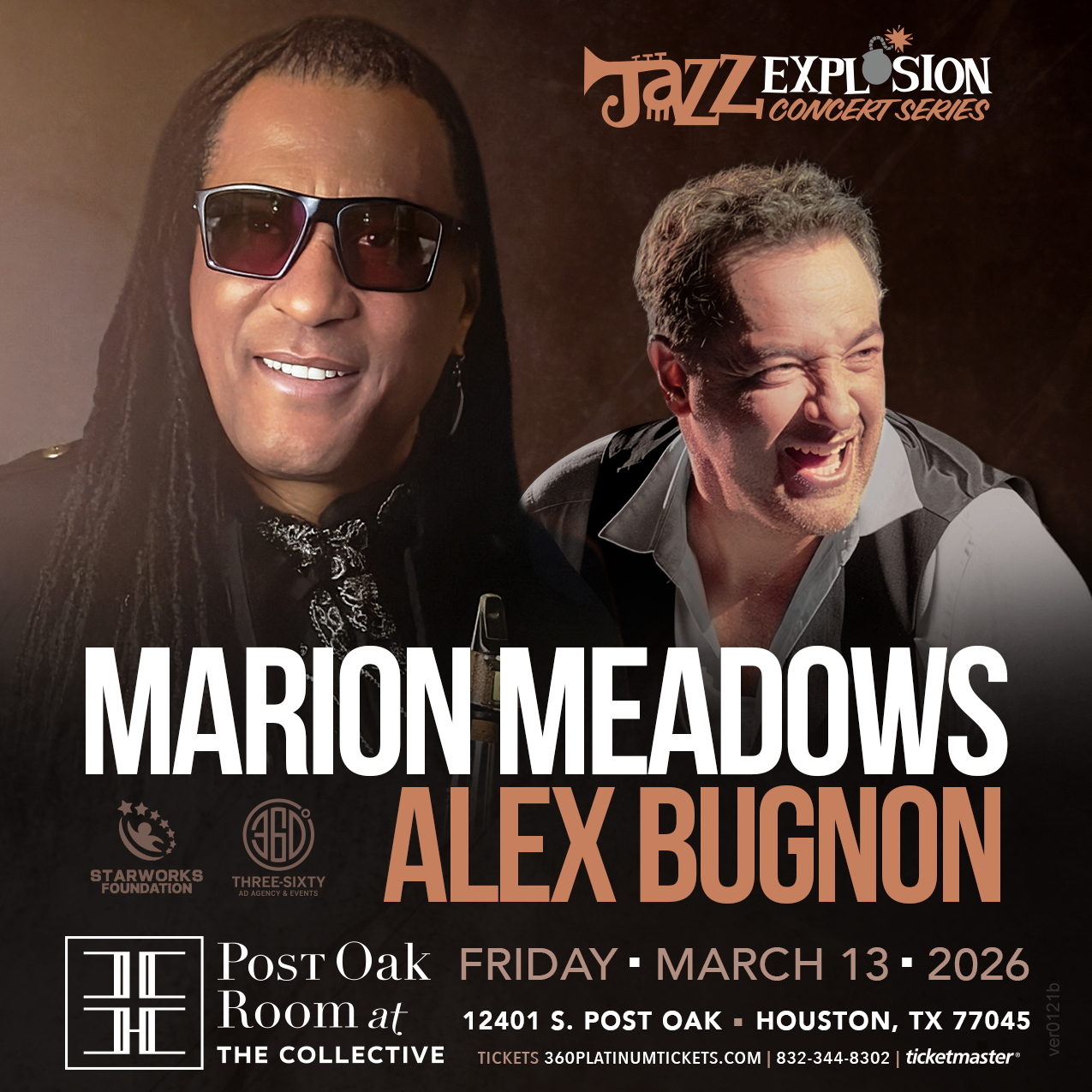 Jazz Explosion concert poster for Marion Meadows and Alex Bugnon at Post Oak Room, Friday, March 13, 2026.
