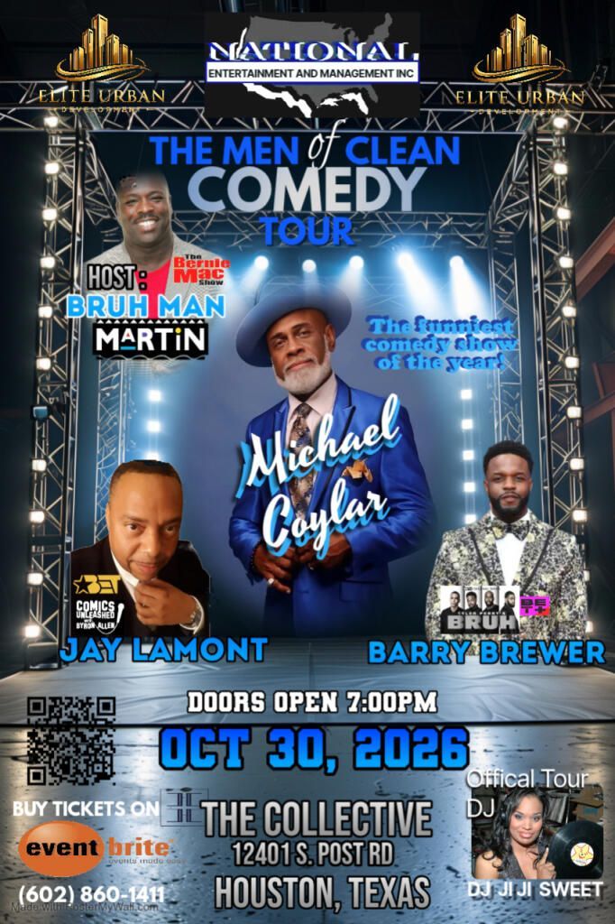 Comedy show poster with performers on a blue stage background, featuring Michael Colyar and event details for Oct. 30, 2026