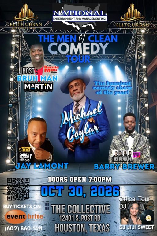 Comedy show poster with spotlighted performer, blue background, and event details for Oct. 30, 2026.
