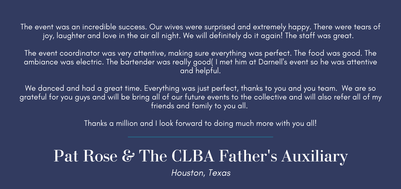 Testimonial with text on dark blue background: 
