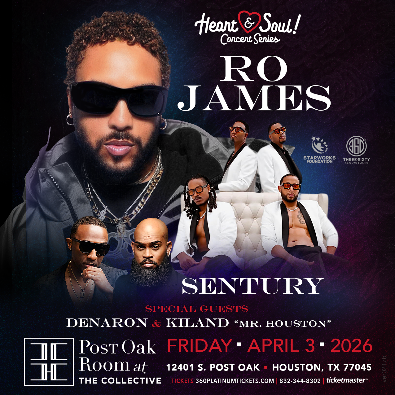 Concert flyer for Ro James and Century at Post Oak Room, Friday April 3, 2026, with guest performers listed.