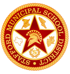 Stafford Municipal School District seal: red star, gold border with text, central graphic of helmet.