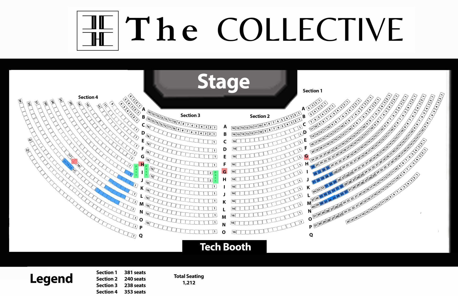 Seating chart of a venue. The stage is at the top. Sections and rows of seats are labeled.