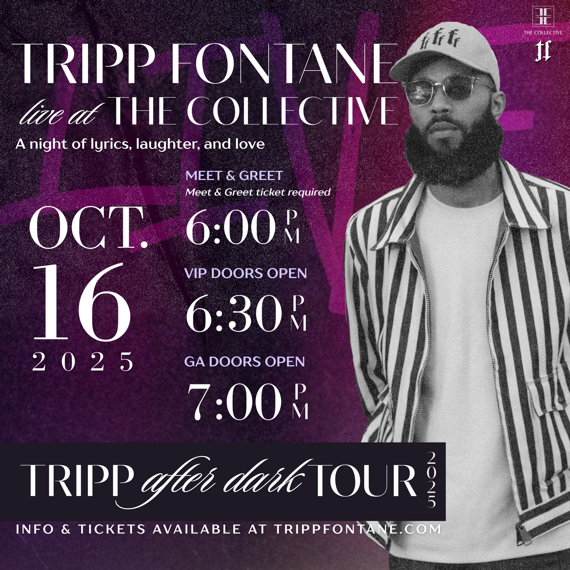 Concert poster: Tripp Fontani at The Collective on Oct 16, 2025. Features a man wearing a hat and jacket, with event details.