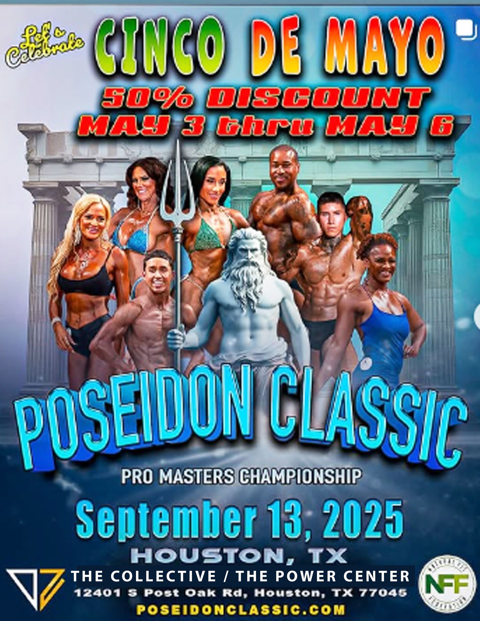 Poster for the Poseidon Classic bodybuilding competition in Houston, TX, on Sept 13, 2025, with 50% discount May 3-6.