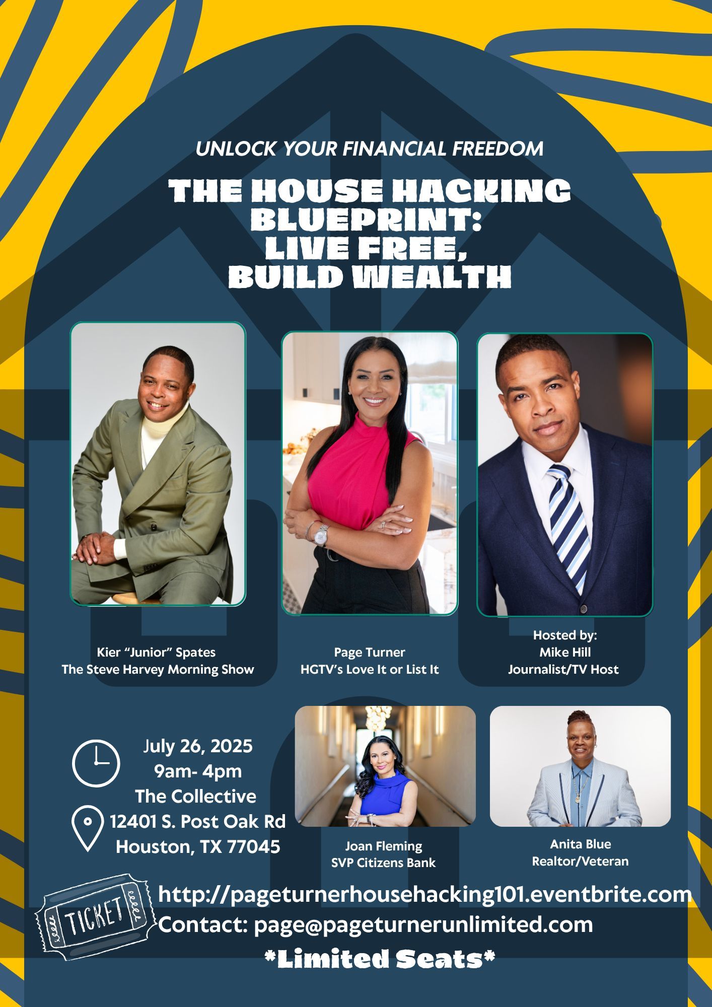 Flyer for a house hacking blueprint event. Featuring speakers, event details, and website URL.
