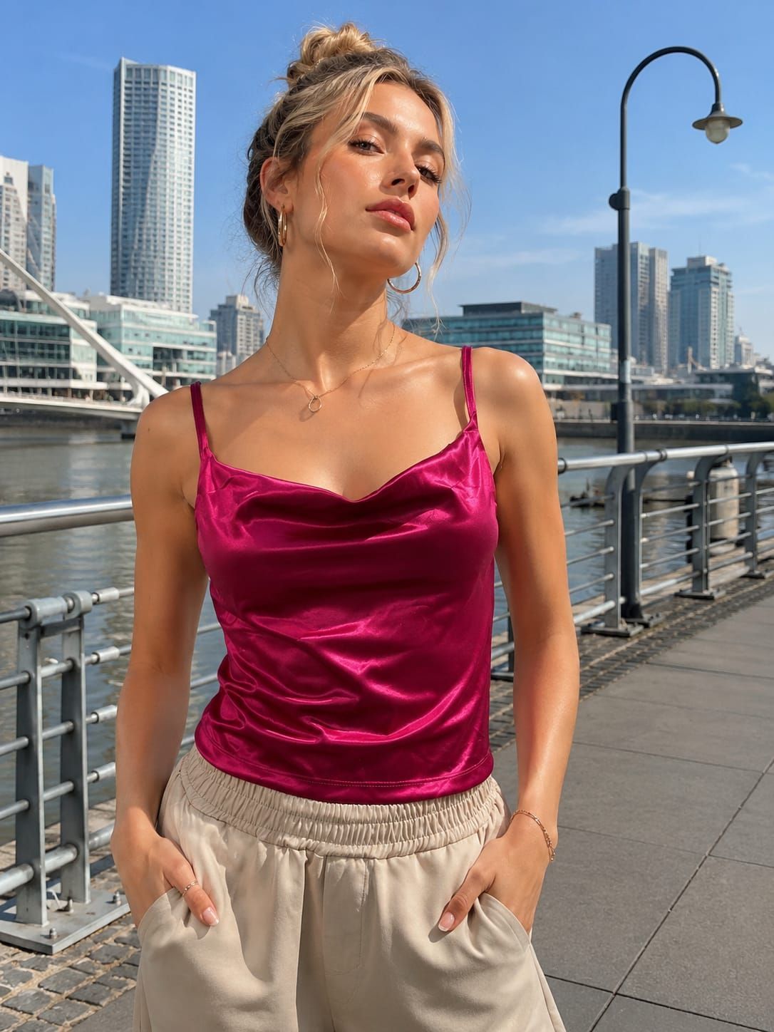 Mujer con una blusa de satén rosa de pie junto a una barandilla a la orilla del río, con rascacielos de la ciudad al fondo.