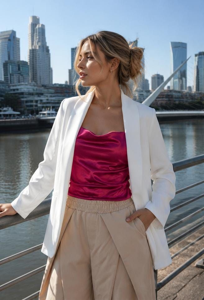 Mujer con chaqueta blanca y blusa rosa de pie