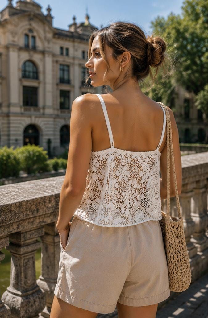 Mujer con top de encaje blanco y pantalones cortos beige
