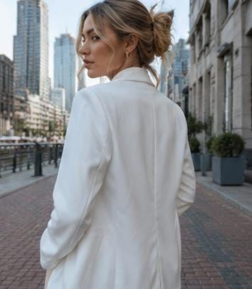 Mujer con chaqueta blanca caminando por una calle adoquinada de la ciudad, mirando hacia atrás por encima del hombro.