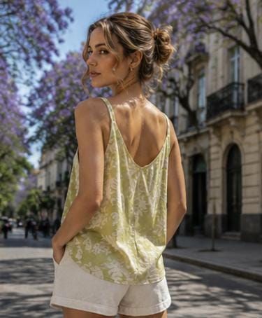 Mujer con una blusa de satén amarilla y pantalones cortos