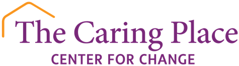 The logo for the caring place center for change is purple and orange.