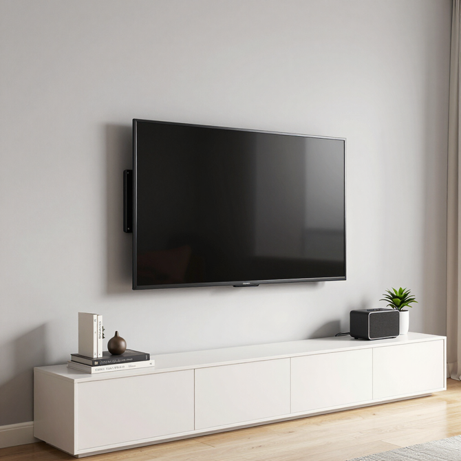 Modern minimalist living room with wall-mounted TV above a long white cabinet and small decor accents