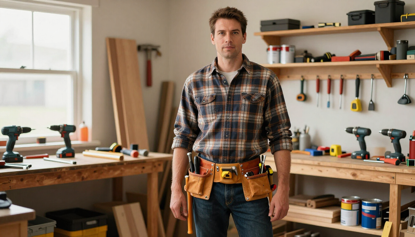 Man standing in a workshop, wearing a plaid shirt and tool belt, surrounded by tools and workbenches.