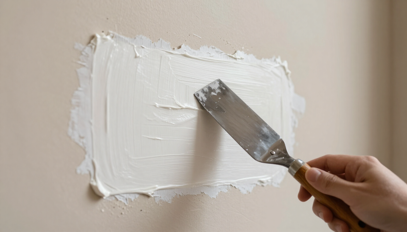 Hand holding a putty knife spreading white plaster on a beige wall patch