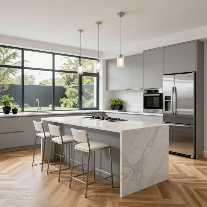Modern kitchen with a marble island, gray cabinets, stainless steel appliances, and large window.