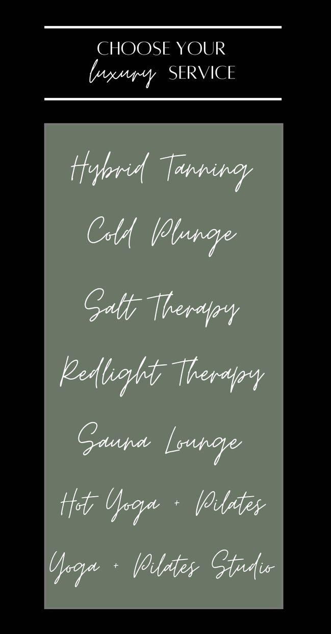 Menu with options: Hybrid Tanning, Cold Plunge, Salt Therapy, Redlight Therapy, Sauna Lounge, Hot Yoga, Yoga Studio.