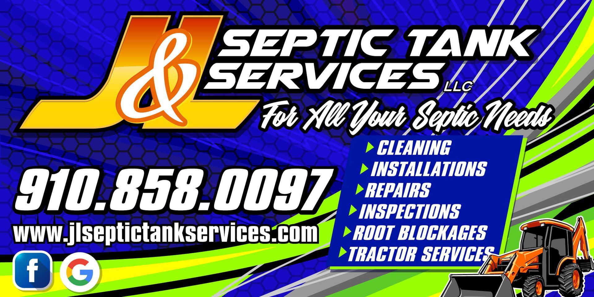 J&J Septic Tank Services ad with blue background, phone number, services list, and septic truck image