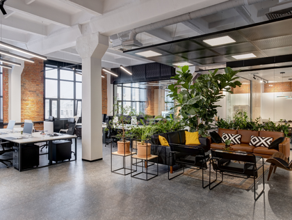Modern open-plan office with desks, lounge seating, large windows, and indoor plants