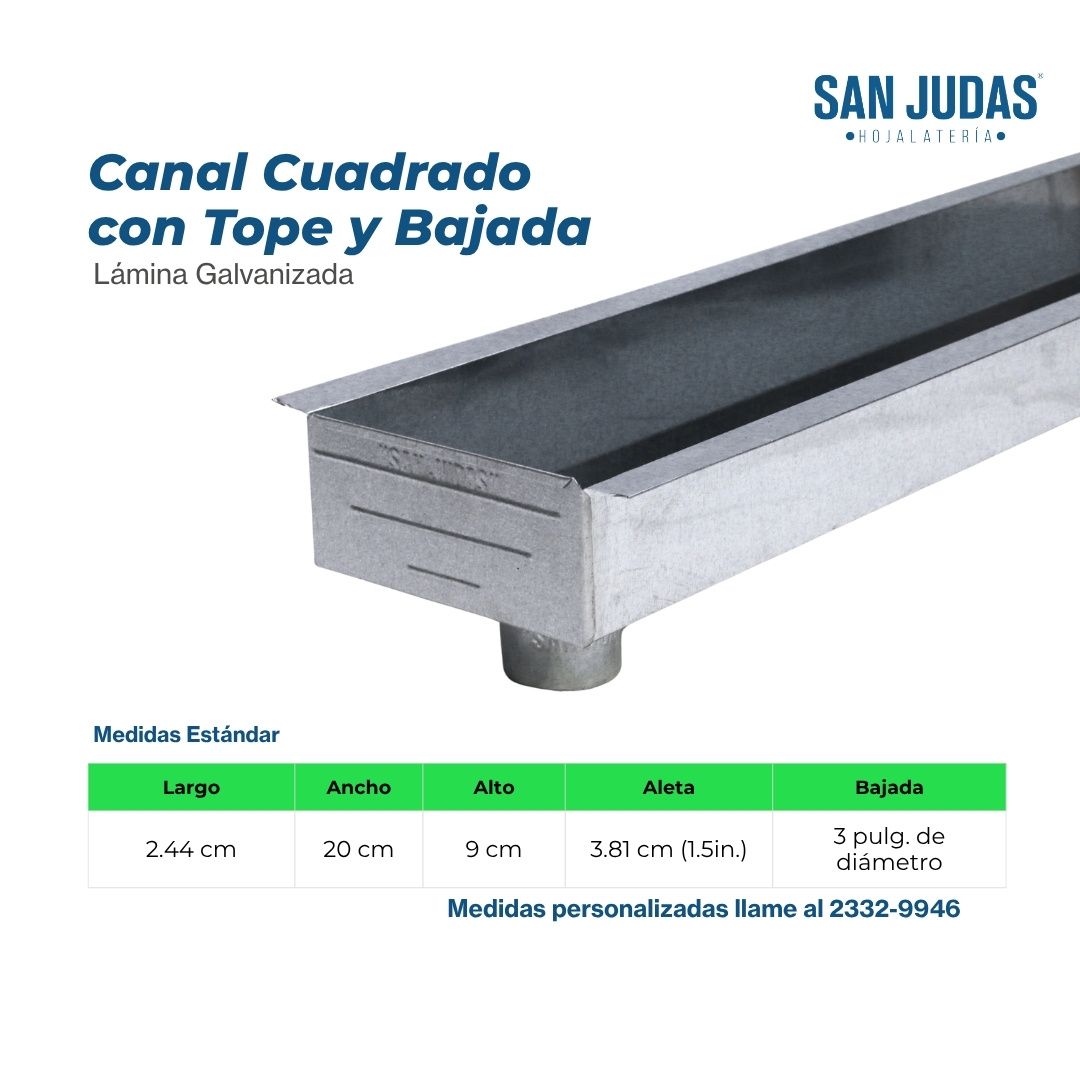 Canal Galvanizado Cuadrado con Tope y Bajada