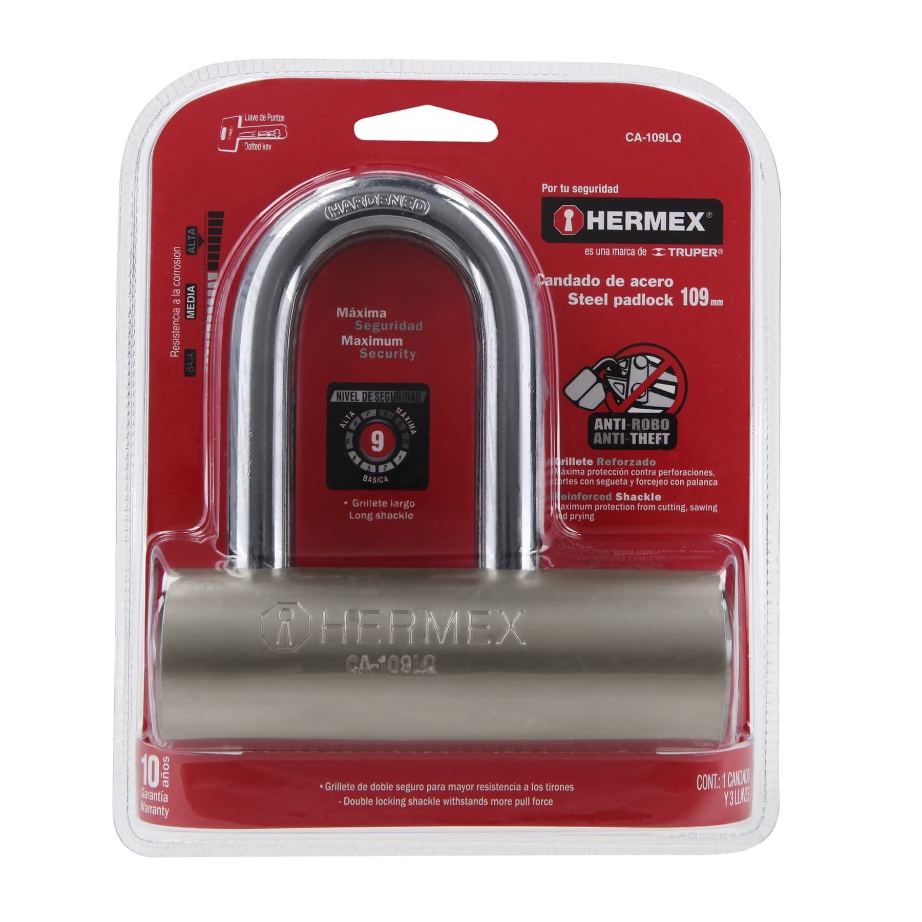 Candado Hermex 109 de Acero de Máxima Seguridad | Gancho Largo de 109 mm