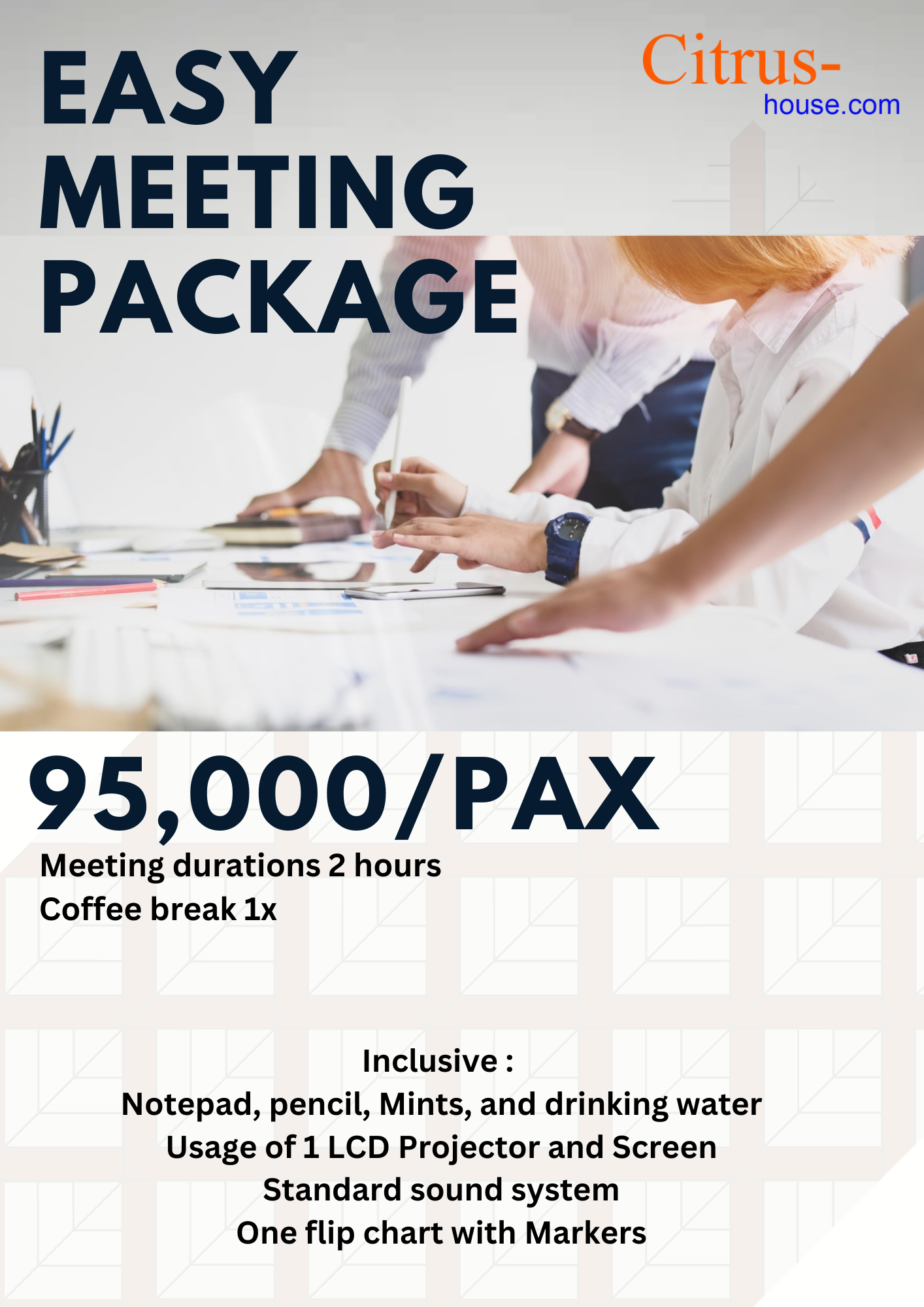 Meeting package advertisement with text overlaying a photo of people at a table. Includes price, duration, and inclusions.