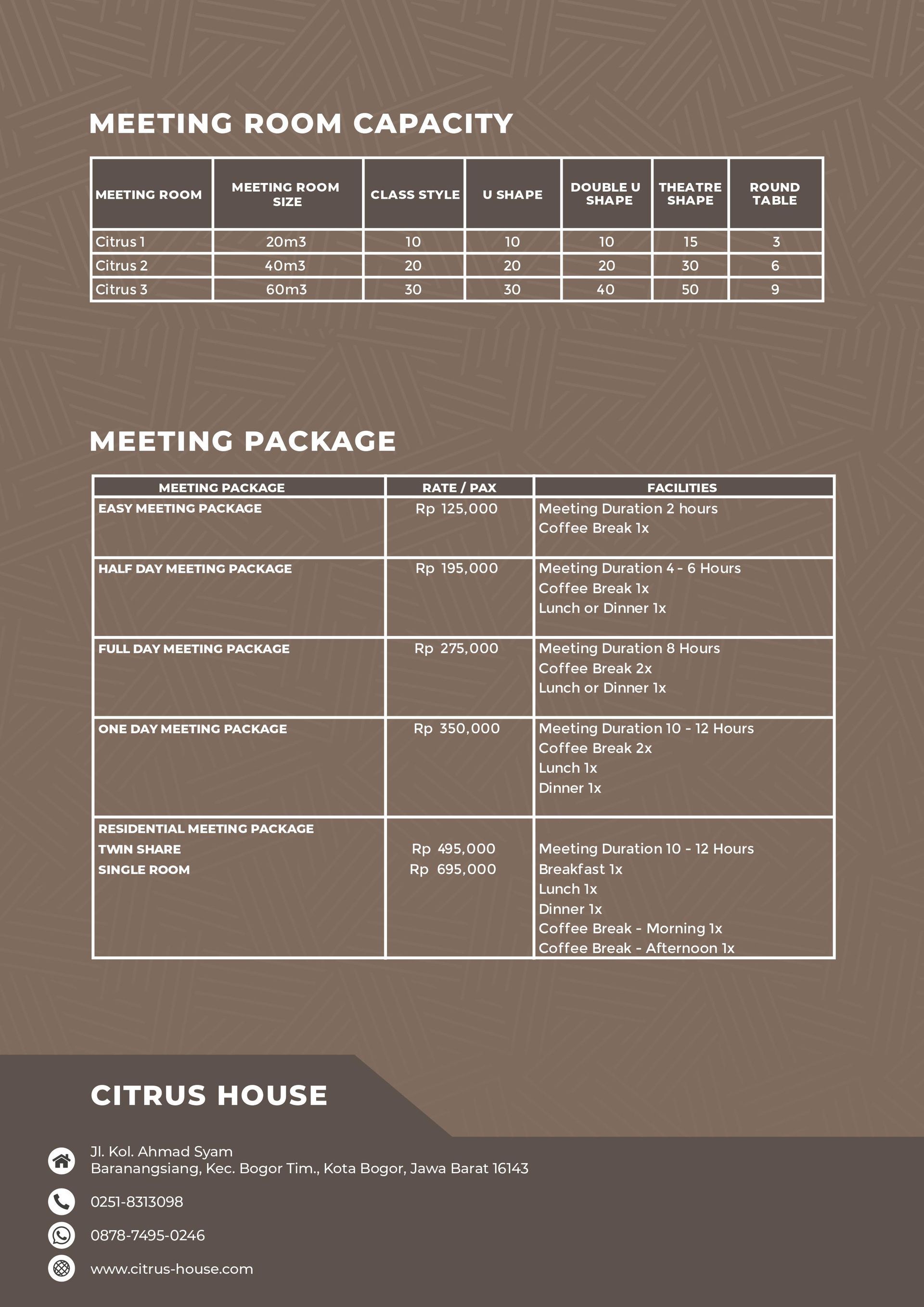 Meeting room and package details for Citrus House, showing room capacities and package inclusions.