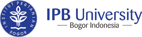 Logo of IPB University, blue circular emblem with text in Indonesian and English, with 