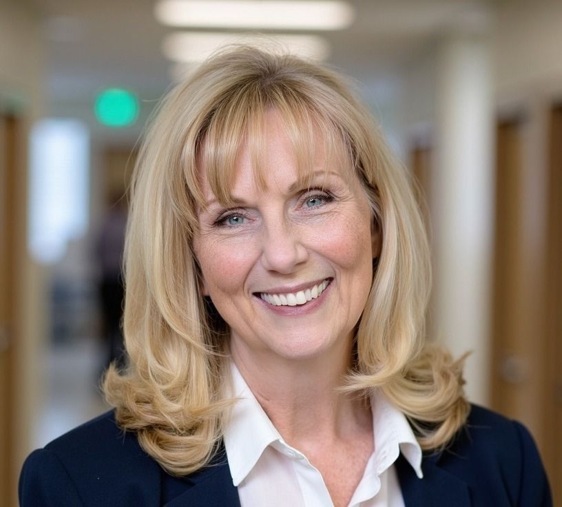 Cindy smiling in a navy blazer and white shirt in a bright office hallway