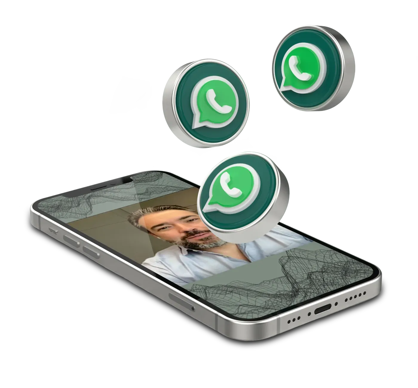 Um telefone com a imagem de um homem e três ícones do WhatsApp saindo dele