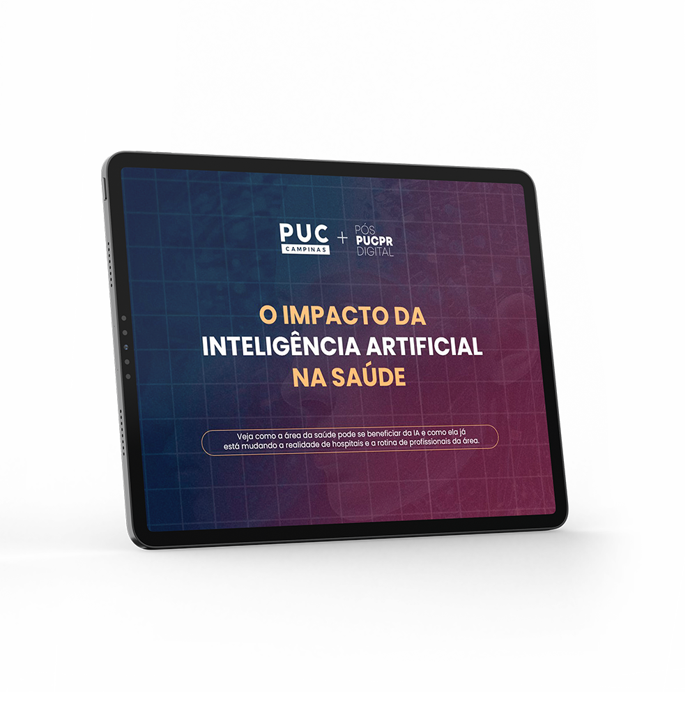 A tablet with a screen that says o impacto da inteligencia artificial na saúde on it.