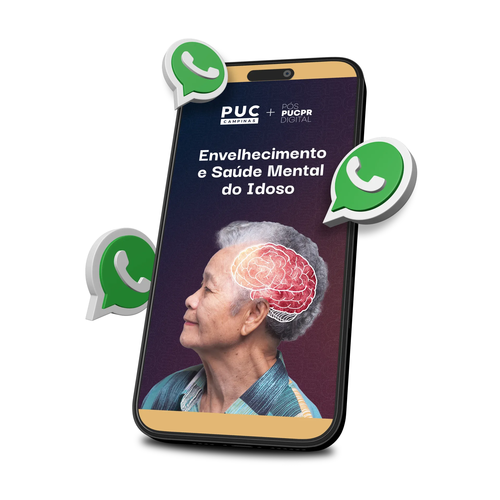 Um celular com três ícones do WhatsApp.