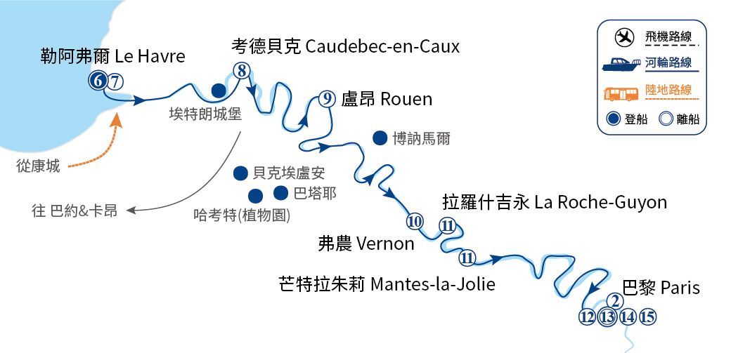 一張河流地圖,地圖上標示了沿途的幾個城市,包括巴黎和魯昂。