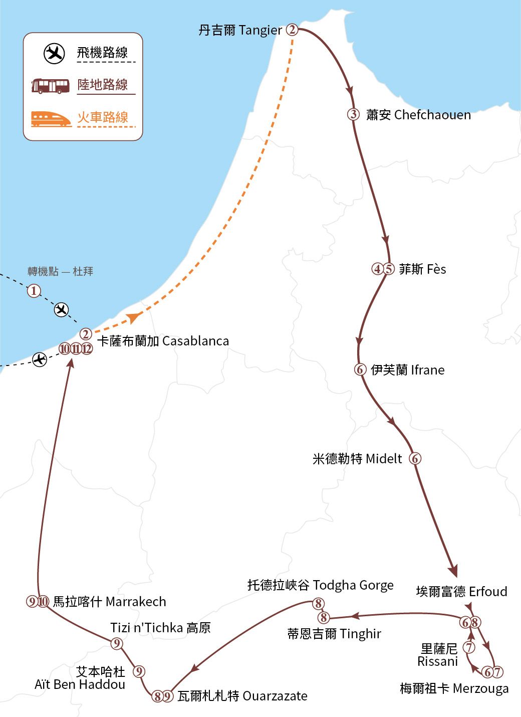 摩洛哥地圖,標示路線,圖中顯示了丹吉爾、卡薩布蘭卡和馬拉喀什等城市。