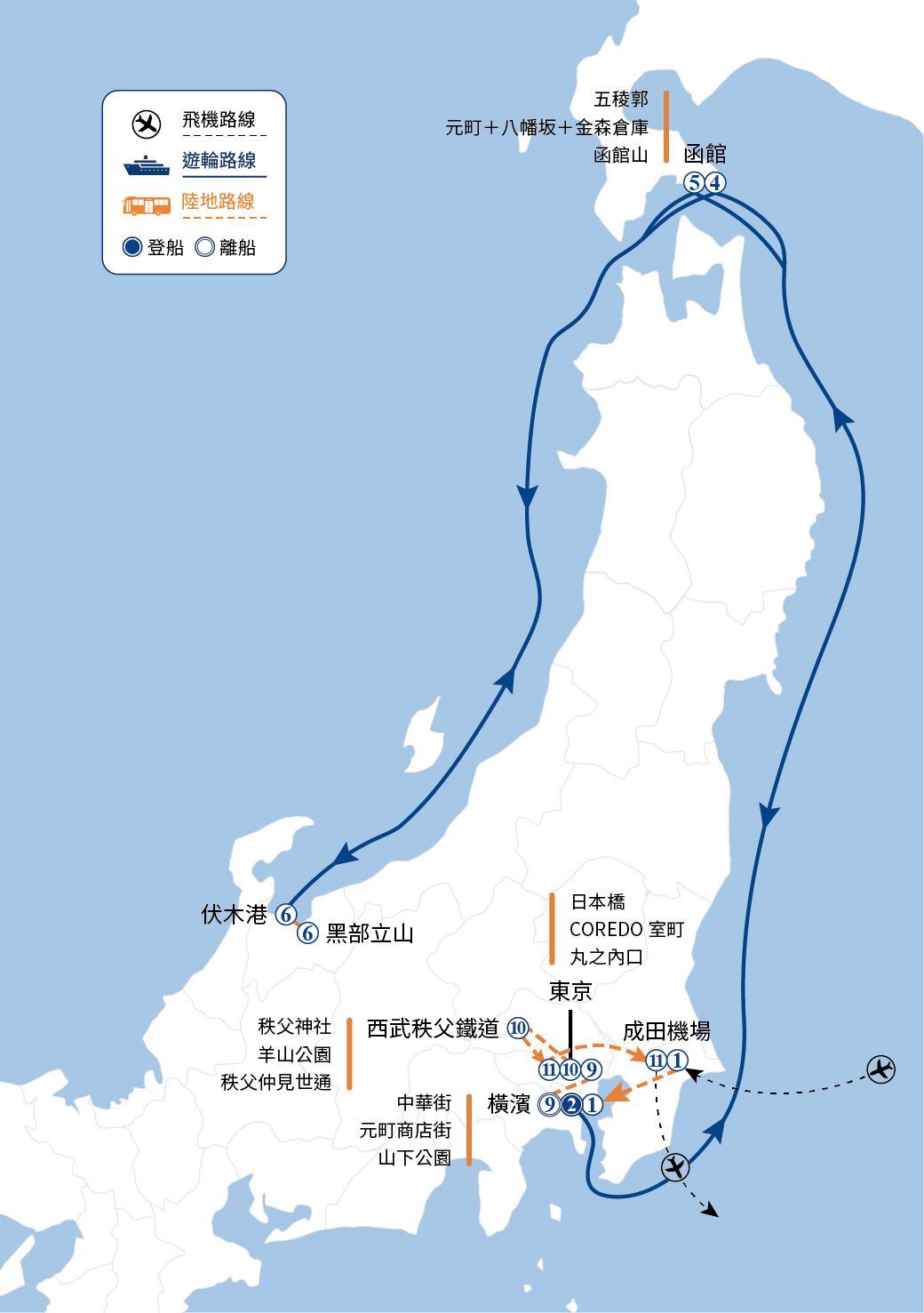 日本地圖,藍線描繪海岸線,橙線表示地點。